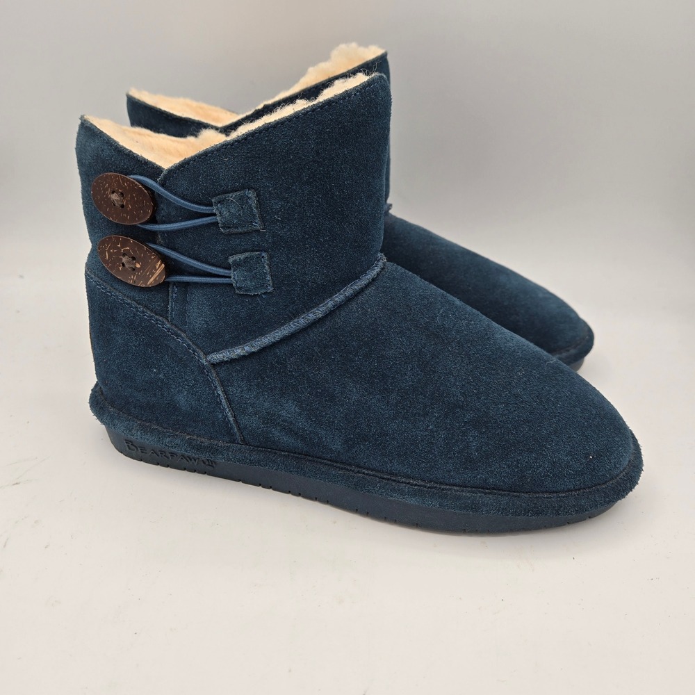 Bearpaw Women's Navy Blue Suede Button Boots Sheepskin Lined Size 6